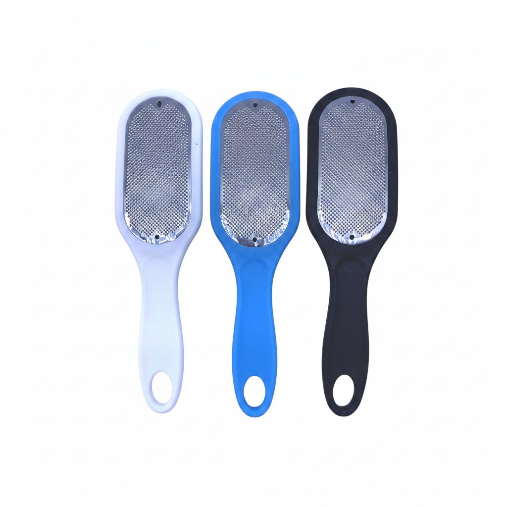 Distribuidora La Frontera flat metal callus remover with white, blue, and black handles. Stainless steel surface.