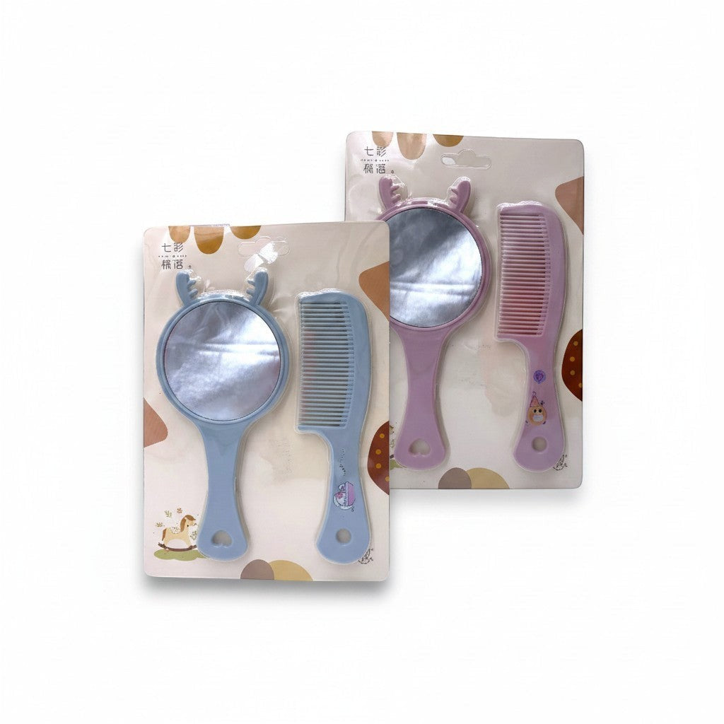 Distribuidora La Frontera blue and pink deer-ear mirror and comb sets for children. Each set includes a handheld mirror and a comb.