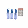 Distribuidora La Frontera travel kit with 3 clear plastic bottles with blue pump and spray tops, ideal for toiletries.