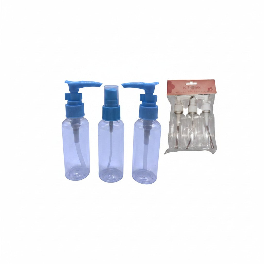 Distribuidora La Frontera travel kit with 3 clear plastic bottles with blue pump and spray tops, ideal for toiletries.